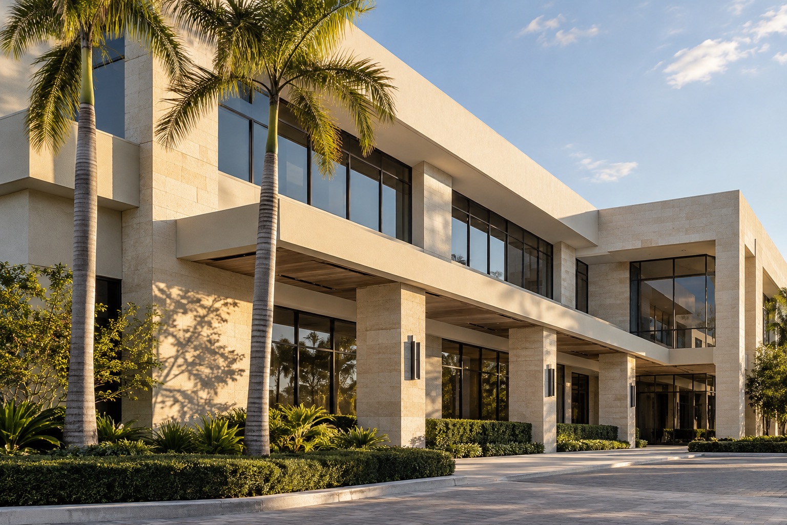 Illustrative Florida-inspired commercial office architecture with pale stone and palms